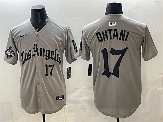 Men's Grey Los Angeles Dodgers #17 Shohei Ohtani LA Gothic Style With 2025 World Series Champions Patch Limited Stitched Baseball Jersey